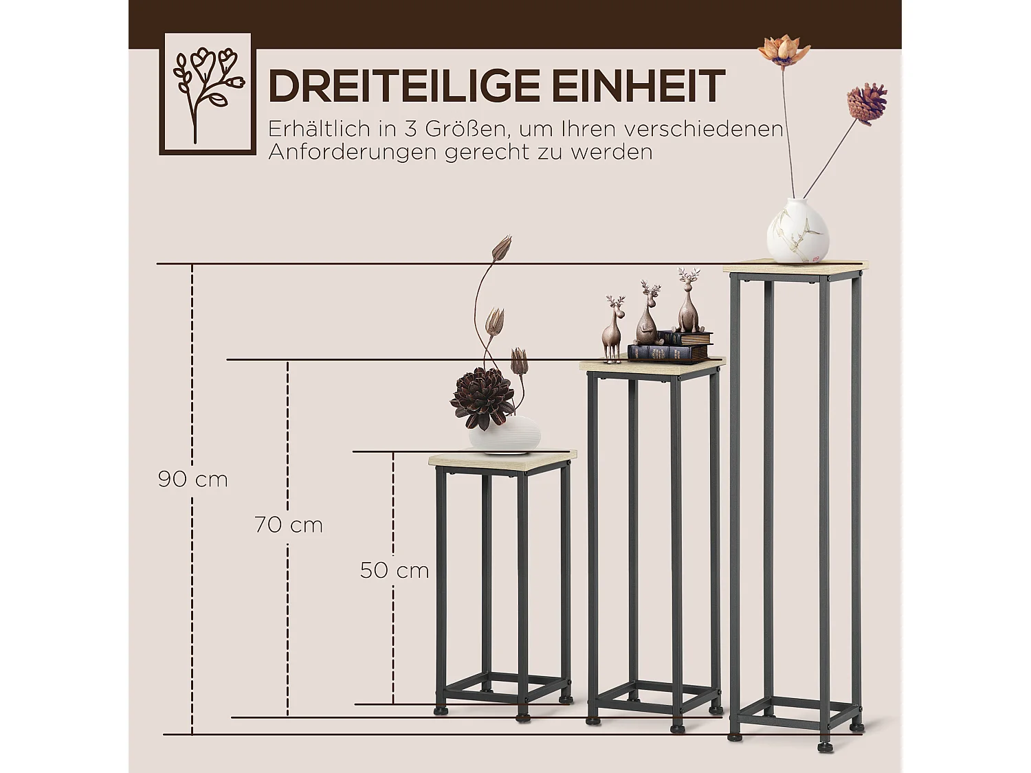Support pots de fleurs 3 pièces - lot de 3 étagères à fleurs - portes plantes - acier époxy noir plateaux aspect bois de noyer