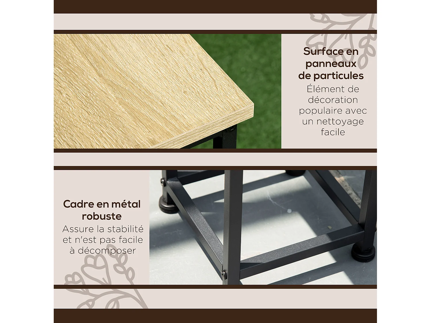 Support pots de fleurs 3 pièces - lot de 3 étagères à fleurs - portes plantes - acier époxy noir plateaux aspect bois de noyer