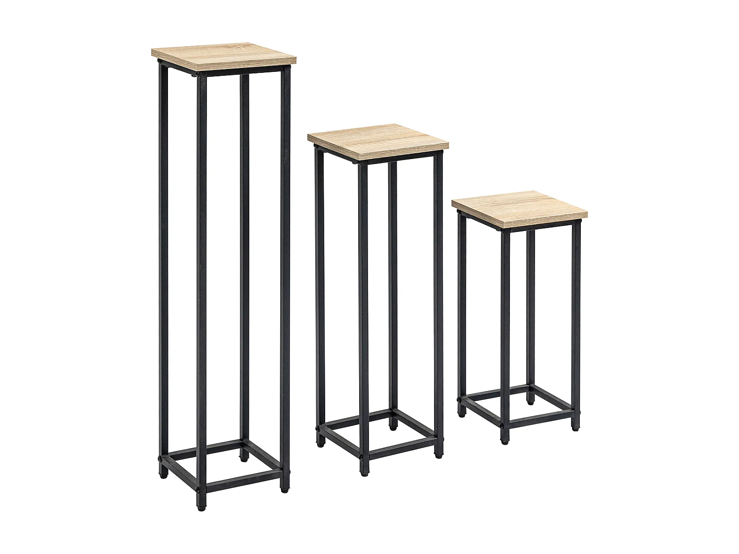 Support pots de fleurs 3 pièces - lot de 3 étagères à fleurs - portes plantes - acier époxy noir plateaux aspect bois de noyer