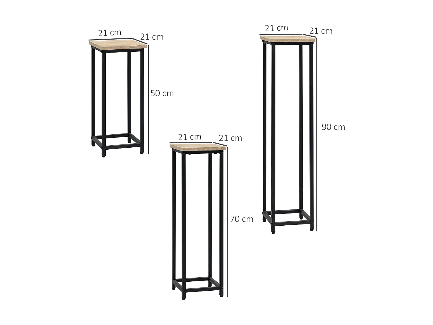 Support pots de fleurs 3 pièces - lot de 3 étagères à fleurs - portes plantes - acier époxy noir plateaux aspect bois de noyer