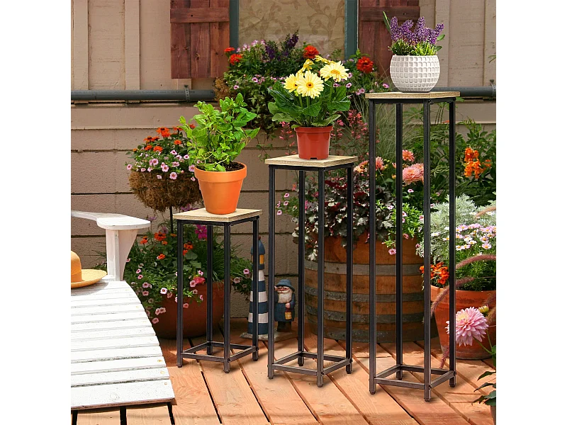 Support pots de fleurs 3 pièces - lot de 3 étagères à fleurs - portes plantes - acier époxy noir plateaux aspect bois de noyer