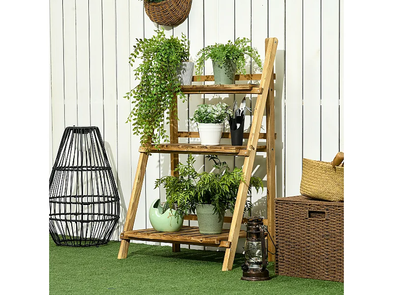 Etagère échelle à fleurs pliable 3 niveaux bois de sapin traité carbonisation