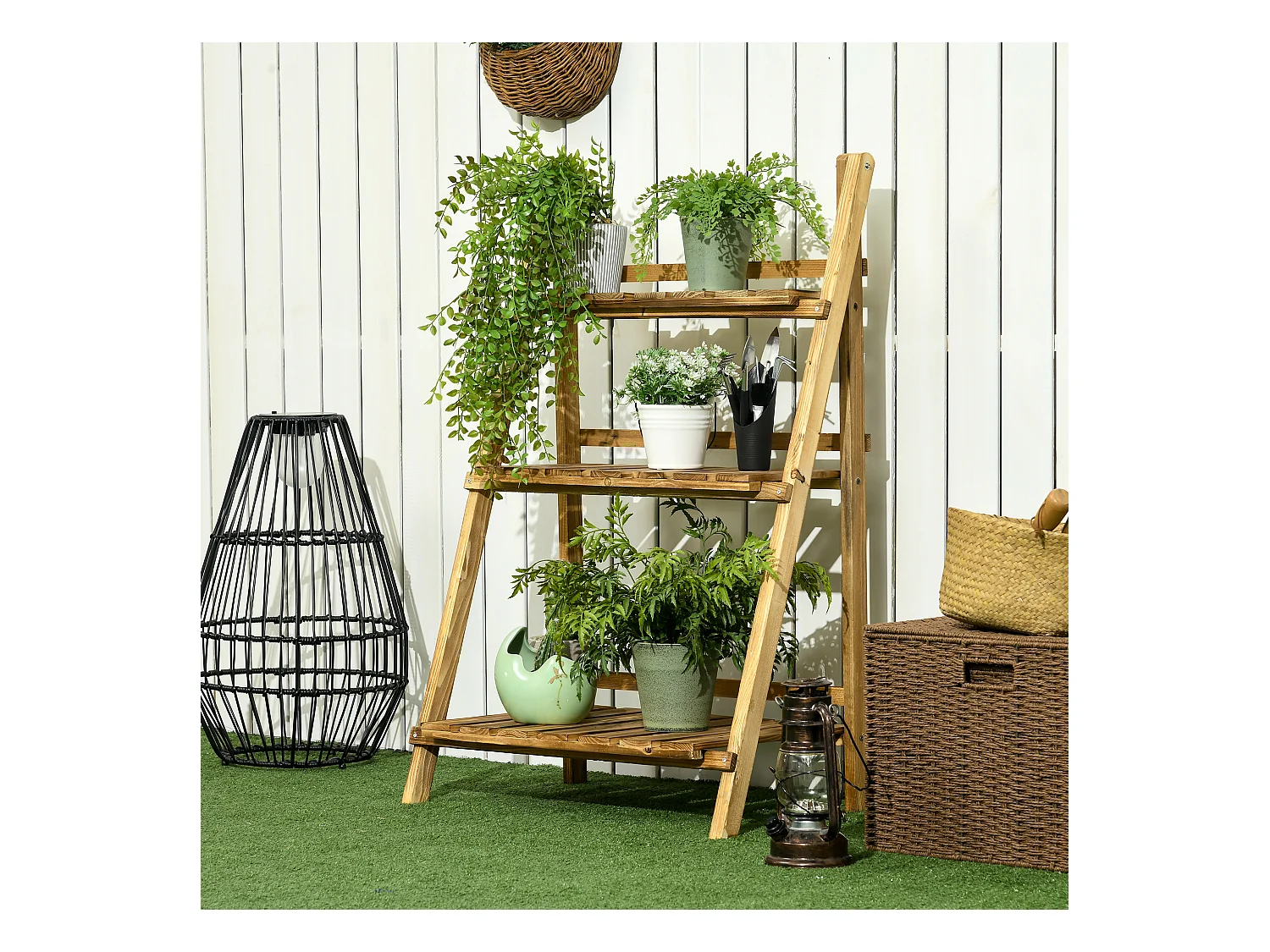 Etagère échelle à fleurs pliable 3 niveaux bois de sapin traité carbonisation