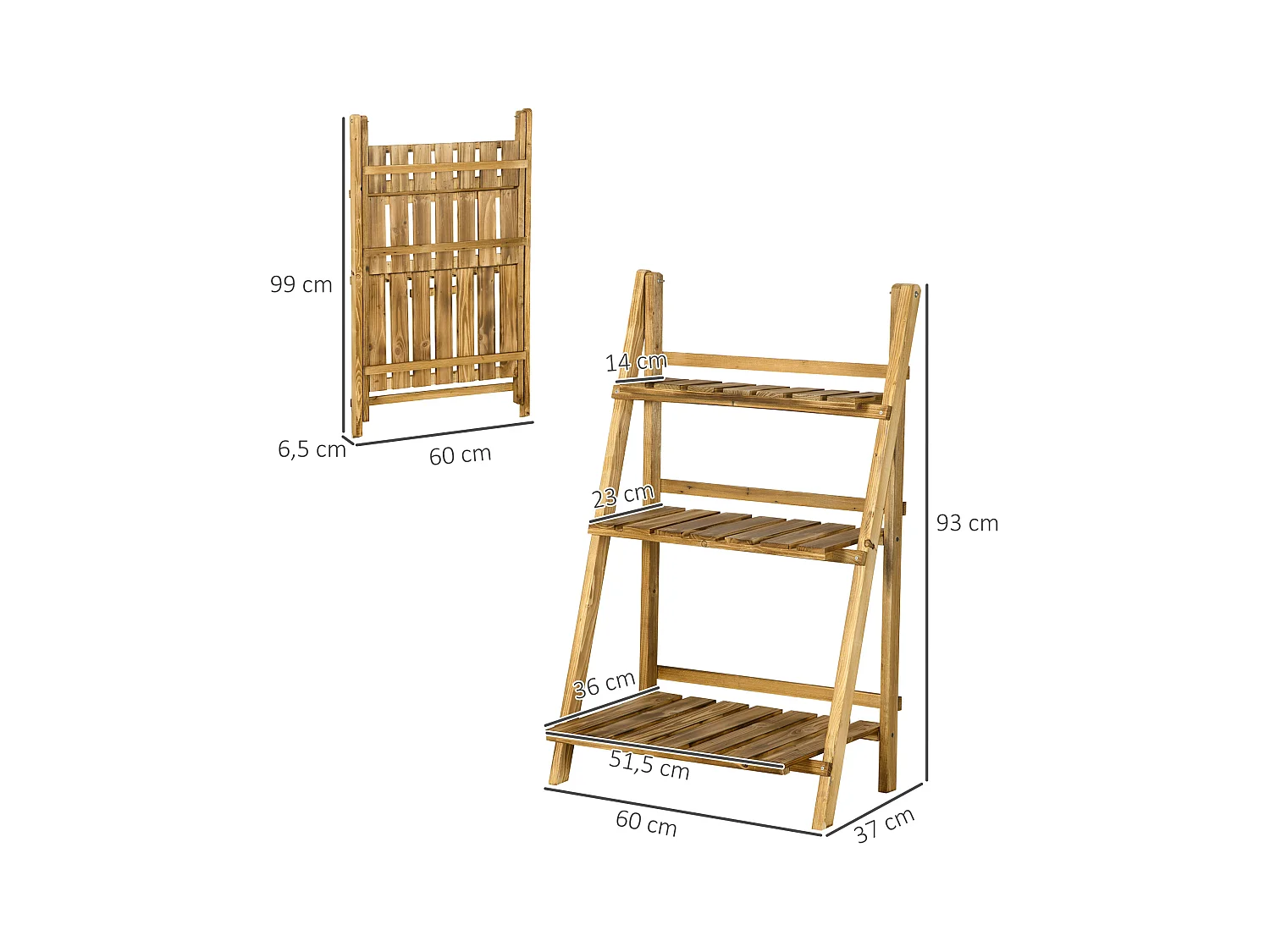 Etagère échelle à fleurs pliable 3 niveaux bois de sapin traité carbonisation
