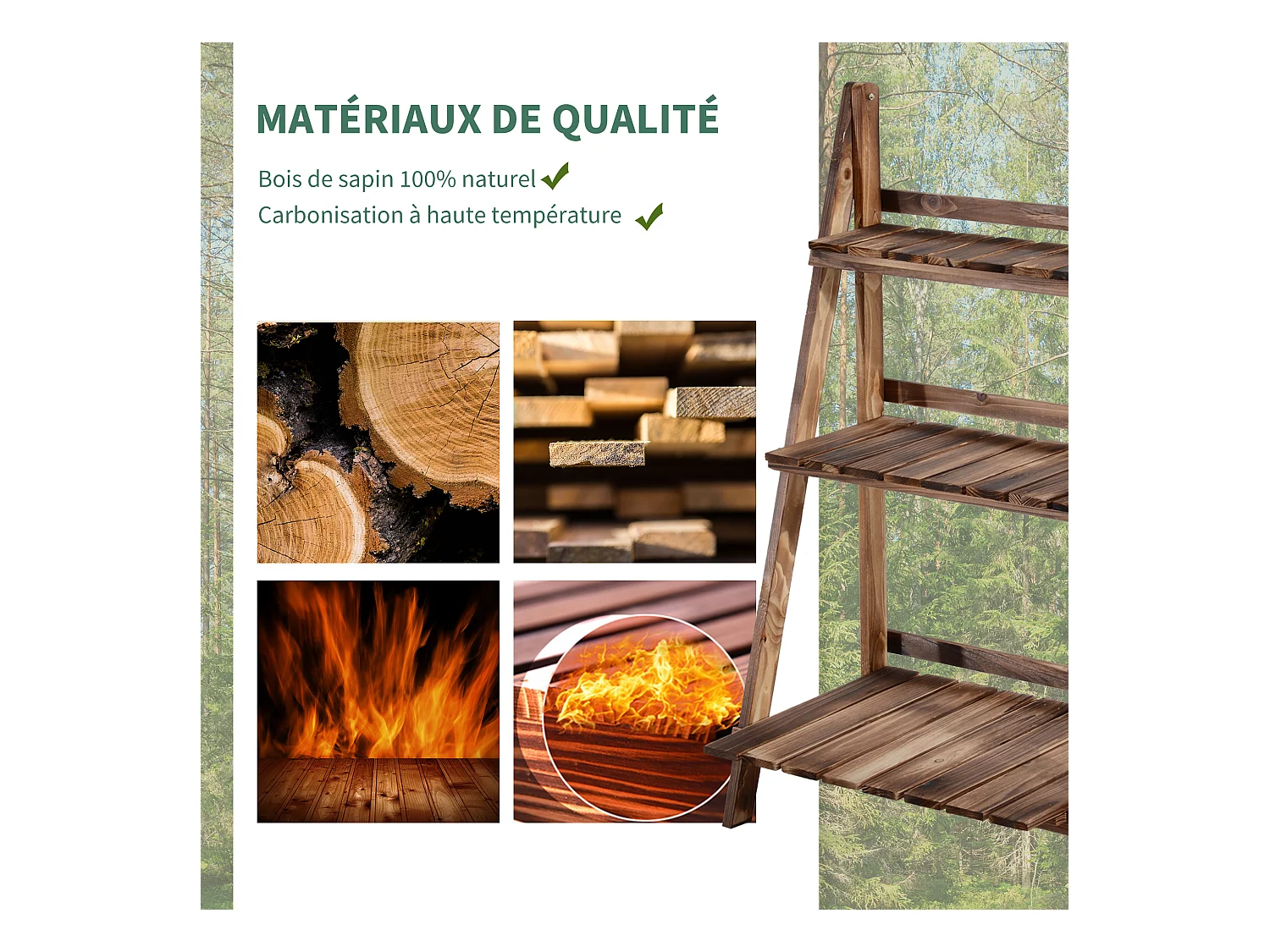 Etagère échelle à fleurs pliable 3 niveaux bois de sapin traité carbonisation