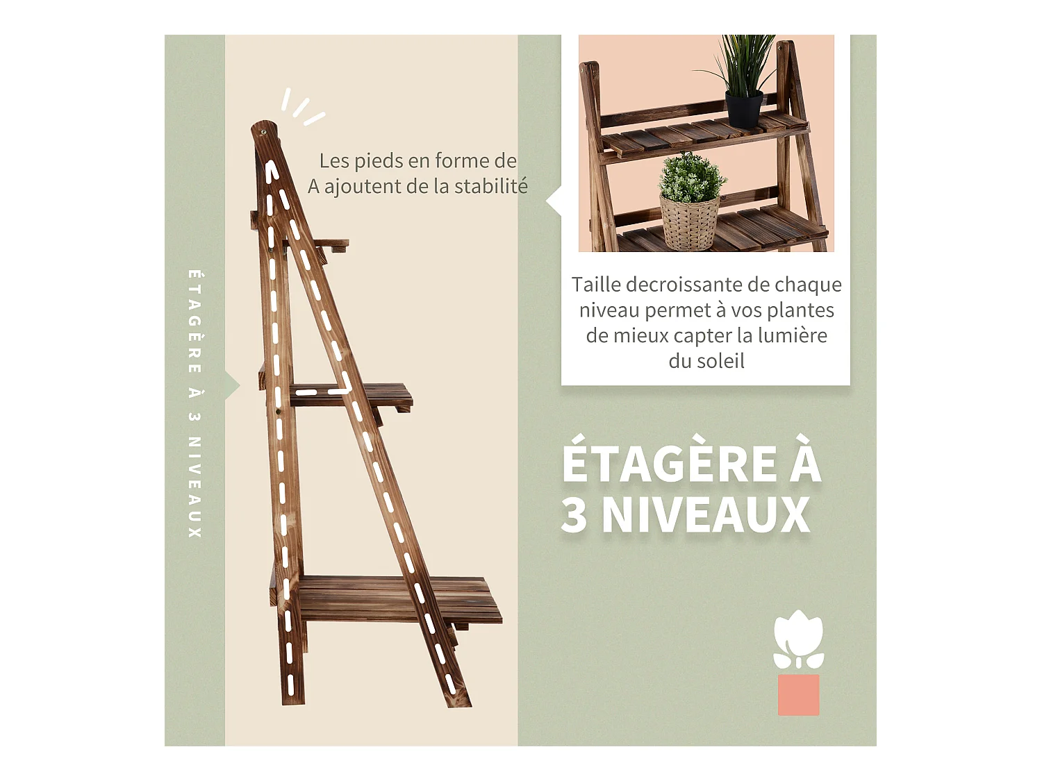 Etagère échelle à fleurs pliable 3 niveaux bois de sapin traité carbonisation