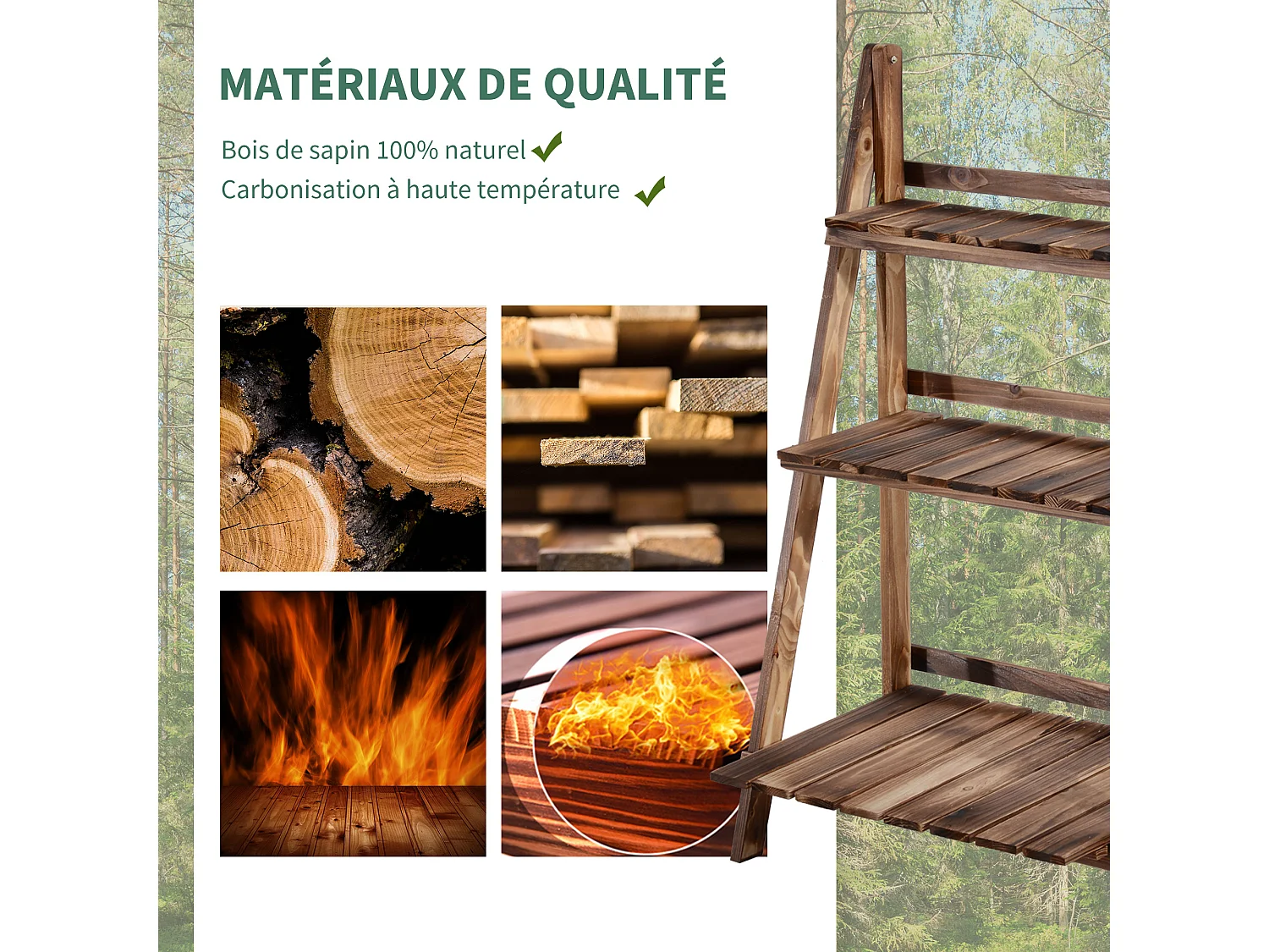 Etagère échelle à fleurs pliable 3 niveaux bois de sapin traité carbonisation