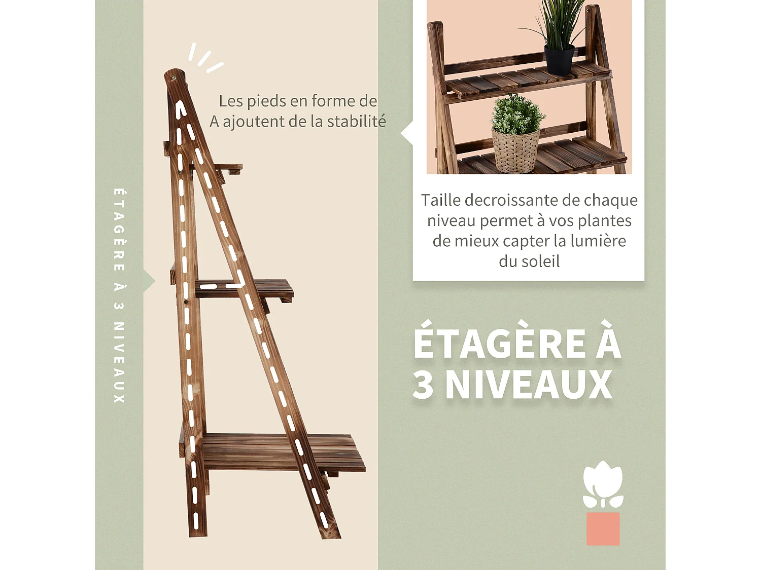 Etagère échelle à fleurs pliable 3 niveaux bois de sapin traité carbonisation