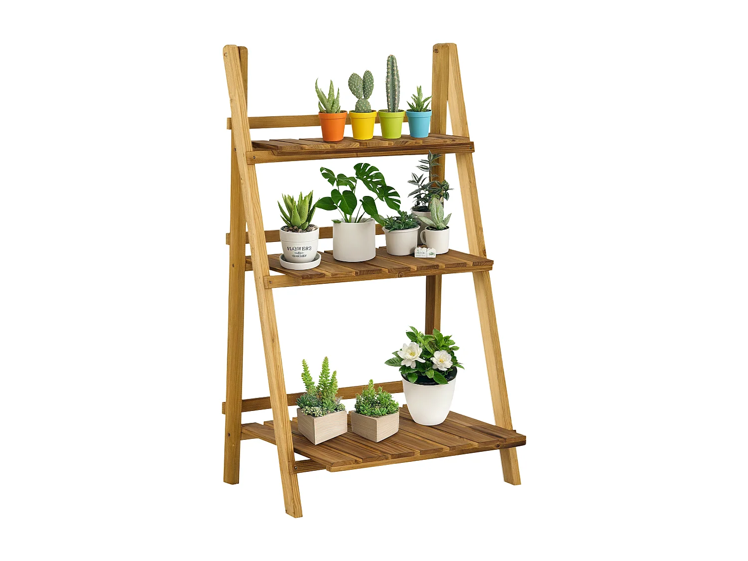 Etagère échelle à fleurs pliable 3 niveaux bois de sapin traité carbonisation