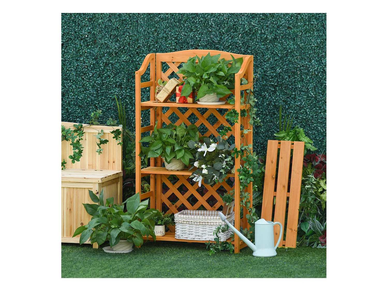 Étagère à fleurs pliable - 4 étagères à lattes réglables - pan arrière treillis - bois sapin pré-huilé