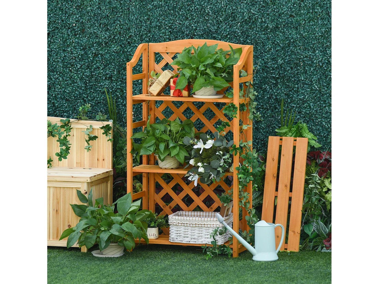 Étagère à fleurs pliable - 4 étagères à lattes réglables - pan arrière treillis - bois sapin pré-huilé