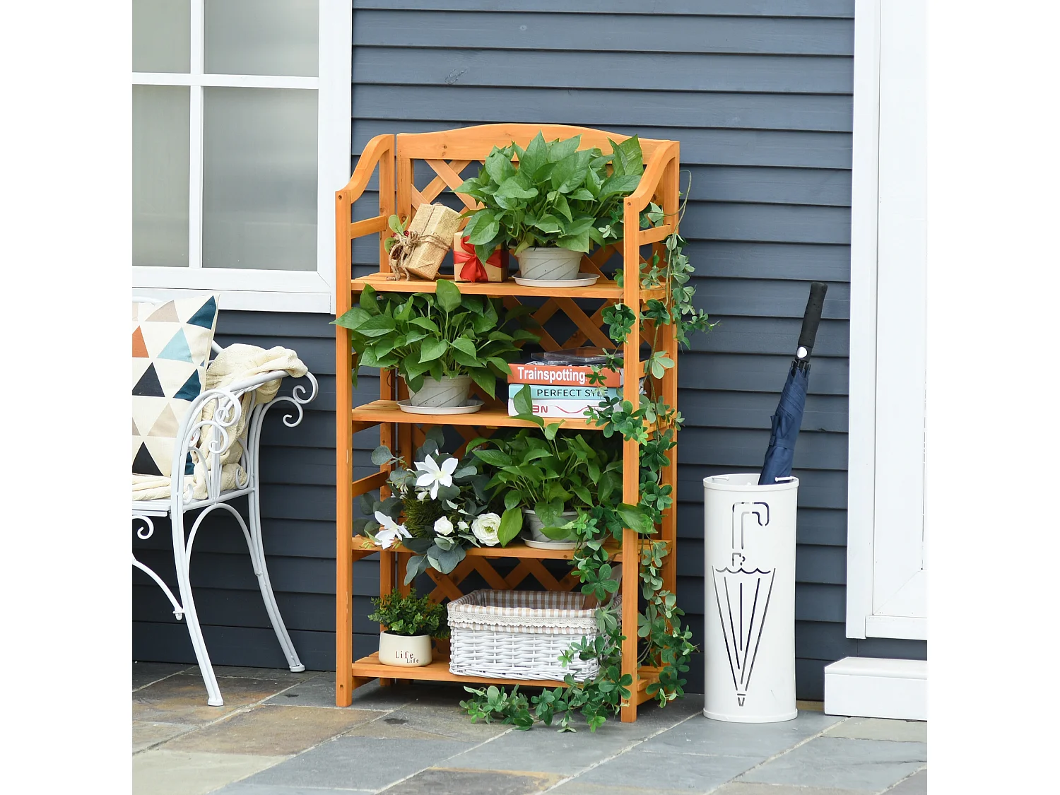 Étagère à fleurs pliable - 4 étagères à lattes réglables - pan arrière treillis - bois sapin pré-huilé