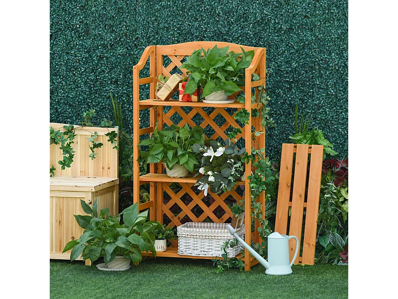 Étagère à fleurs pliable - 4 étagères à lattes réglables - pan arrière treillis - bois sapin pré-huilé