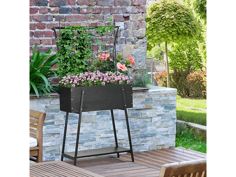 Jardinière sur pieds avec treillis filet - étagère, inserts d'irrigation - châssis métal époxy noir bois sapin noir