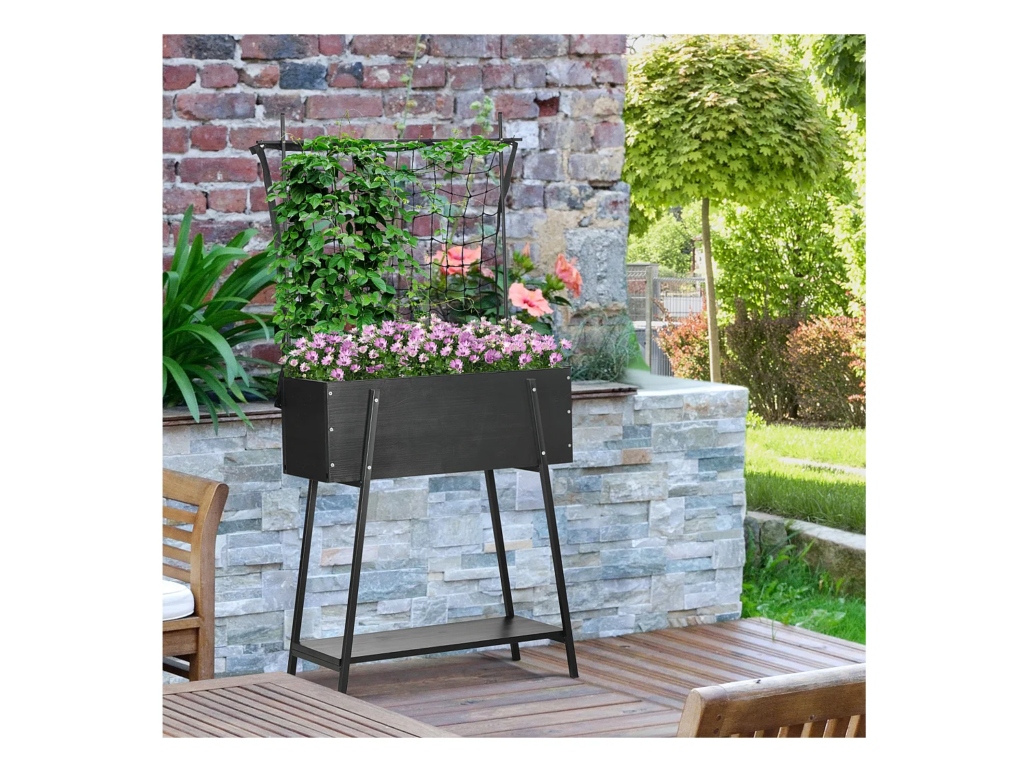 Jardinière sur pieds avec treillis filet - étagère, inserts d'irrigation - châssis métal époxy noir bois sapin noir