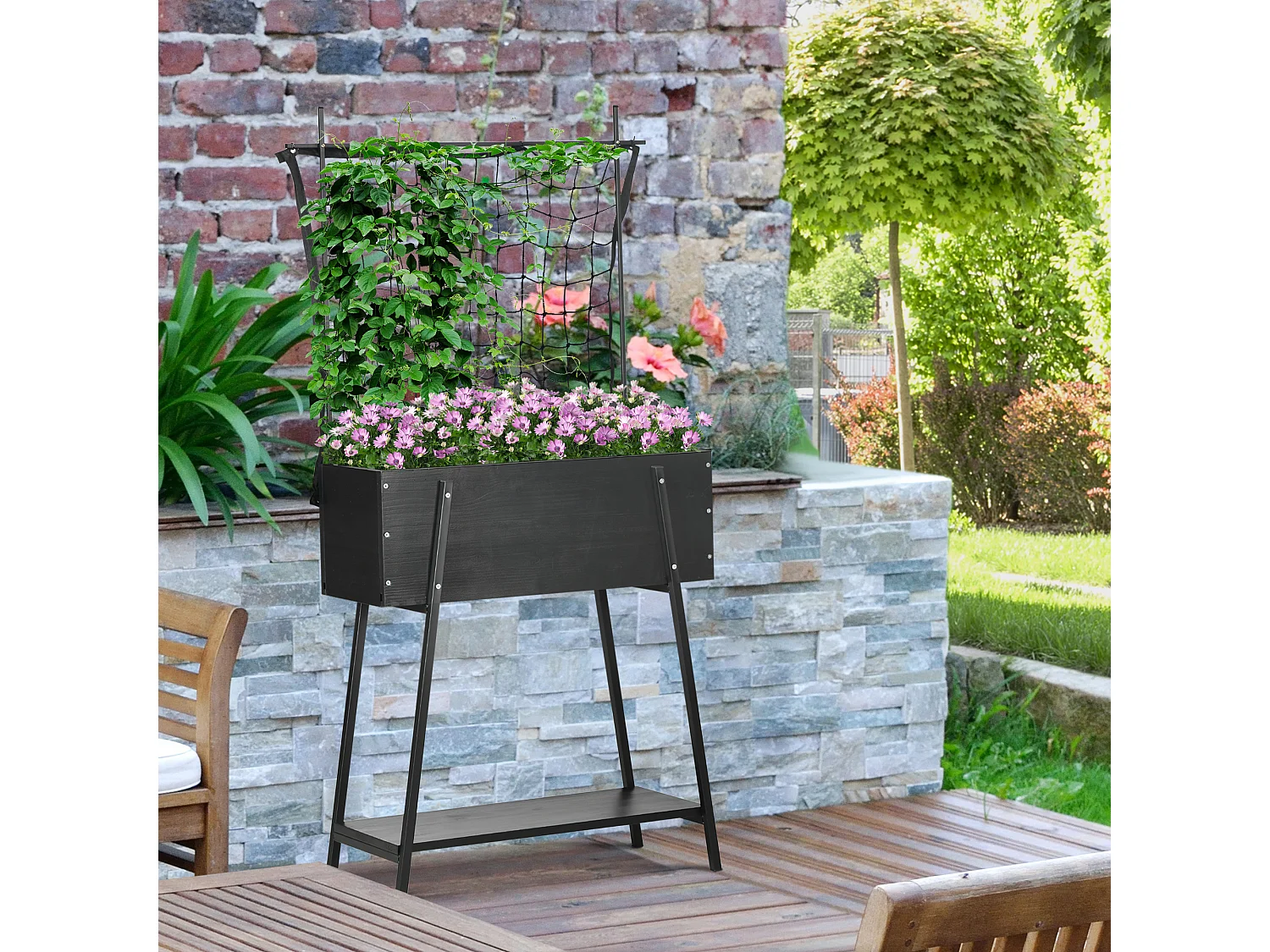 Jardinière sur pieds avec treillis filet - étagère, inserts d'irrigation - châssis métal époxy noir bois sapin noir