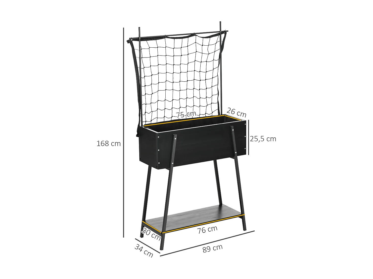 Jardinière sur pieds avec treillis filet - étagère, inserts d'irrigation - châssis métal époxy noir bois sapin noir