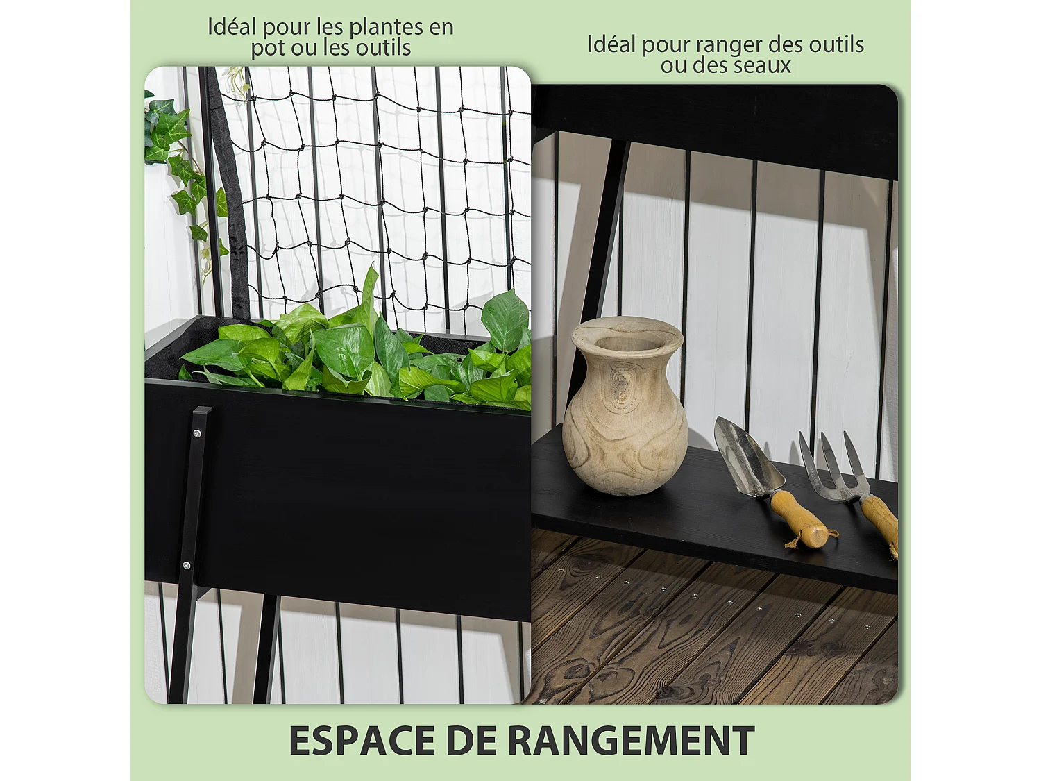 Jardinière sur pieds avec treillis filet - étagère, inserts d'irrigation - châssis métal époxy noir bois sapin noir