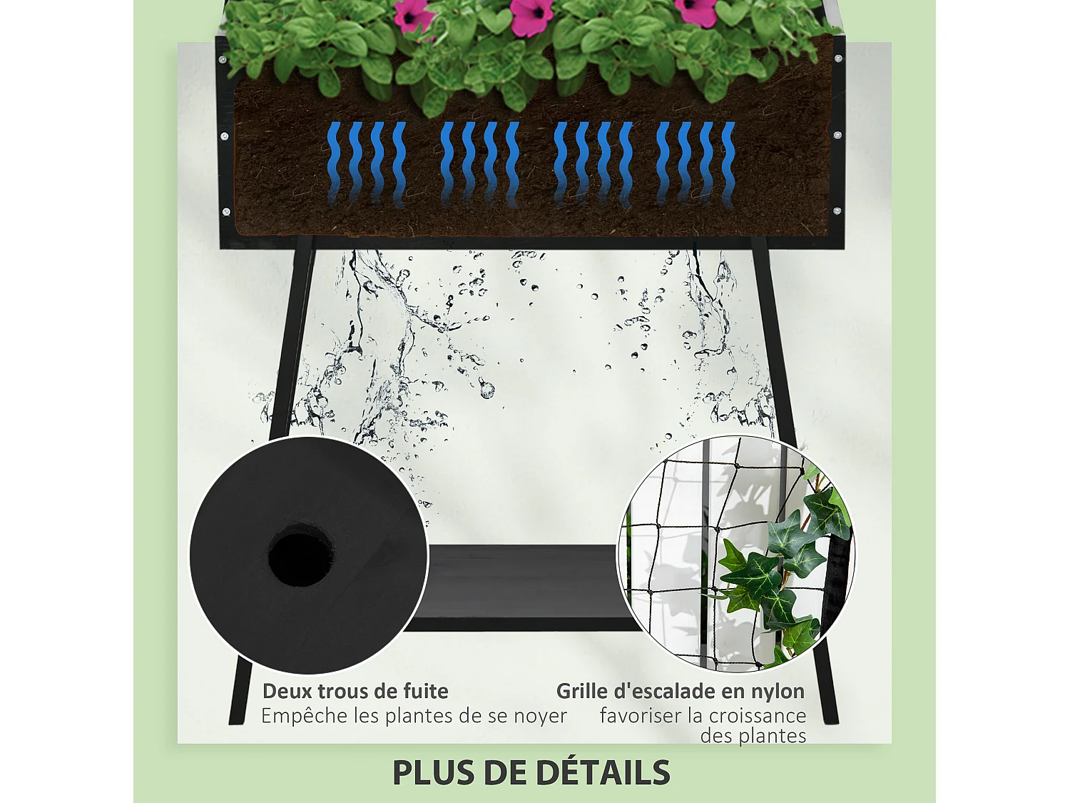 Jardinière sur pieds avec treillis filet - étagère, inserts d'irrigation - châssis métal époxy noir bois sapin noir