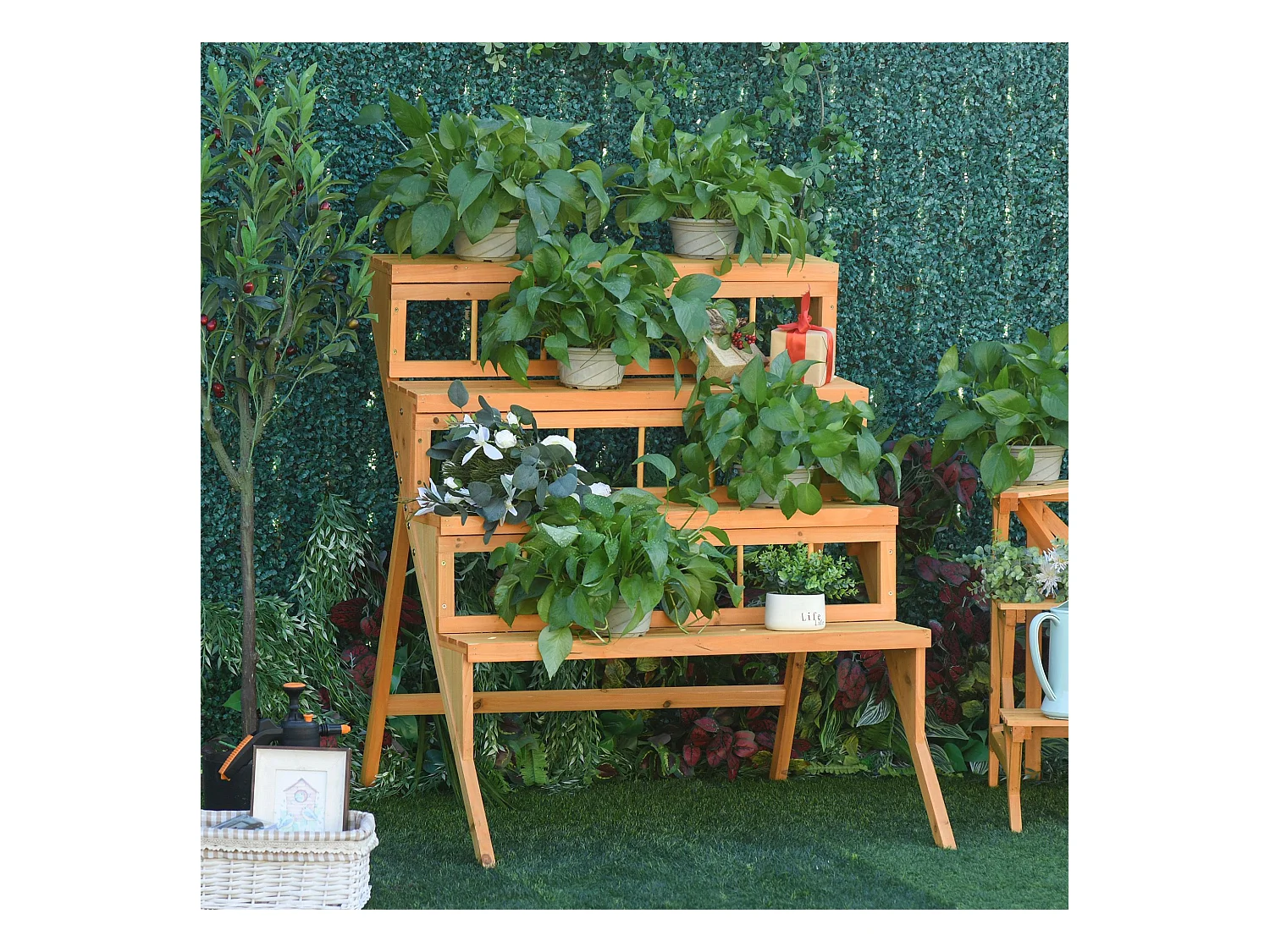 Étagère échelle à fleurs en bois - porte plante bois 4 étagères - bois sapin pré-huilé