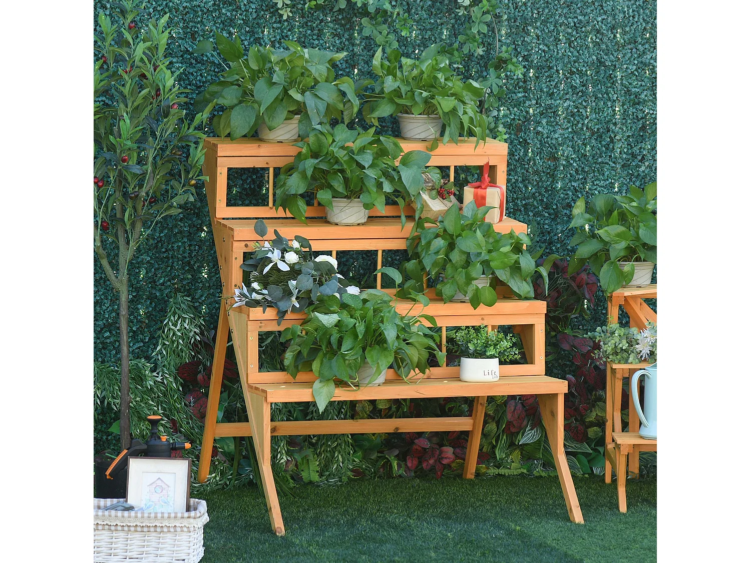 Étagère échelle à fleurs en bois - porte plante bois 4 étagères - bois sapin pré-huilé