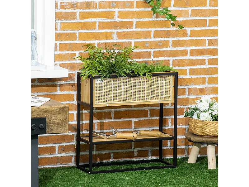 Jardinière sur pied style naturel - géotextile inclus, étagère intégrée - métal noir bois sapin verni bambou tressé