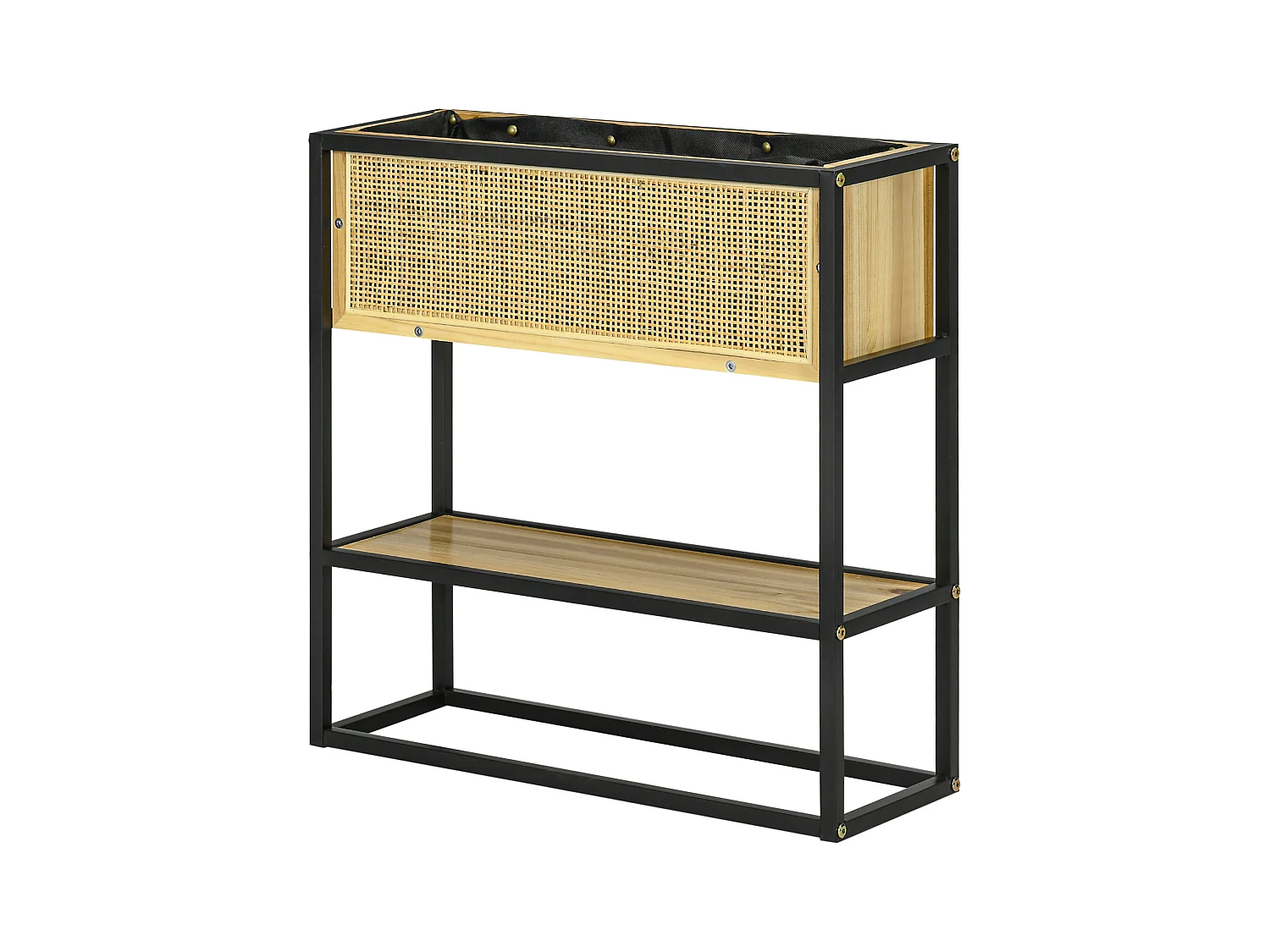 Jardinière sur pied style naturel - géotextile inclus, étagère intégrée - métal noir bois sapin verni bambou tressé