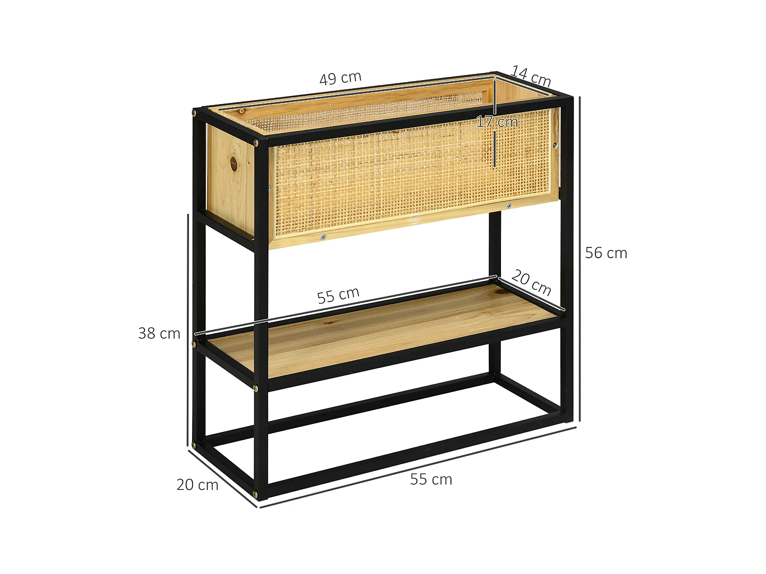 Jardinière sur pied style naturel - géotextile inclus, étagère intégrée - métal noir bois sapin verni bambou tressé