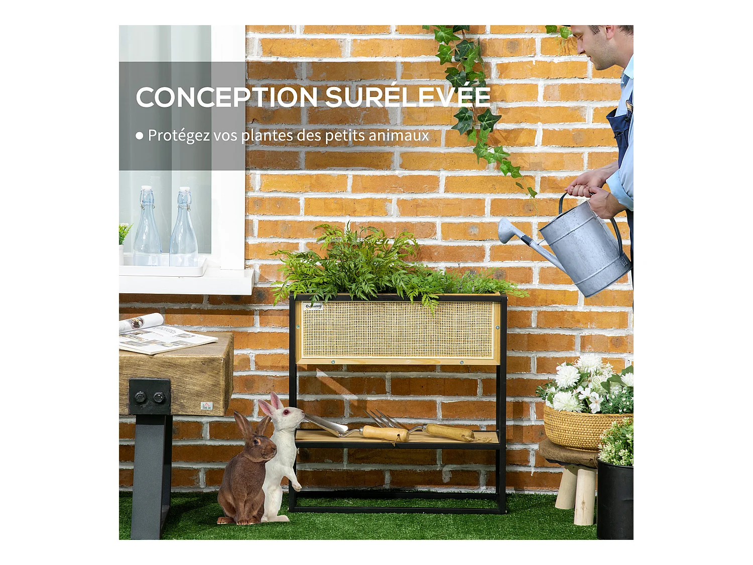 Jardinière sur pied style naturel - géotextile inclus, étagère intégrée - métal noir bois sapin verni bambou tressé