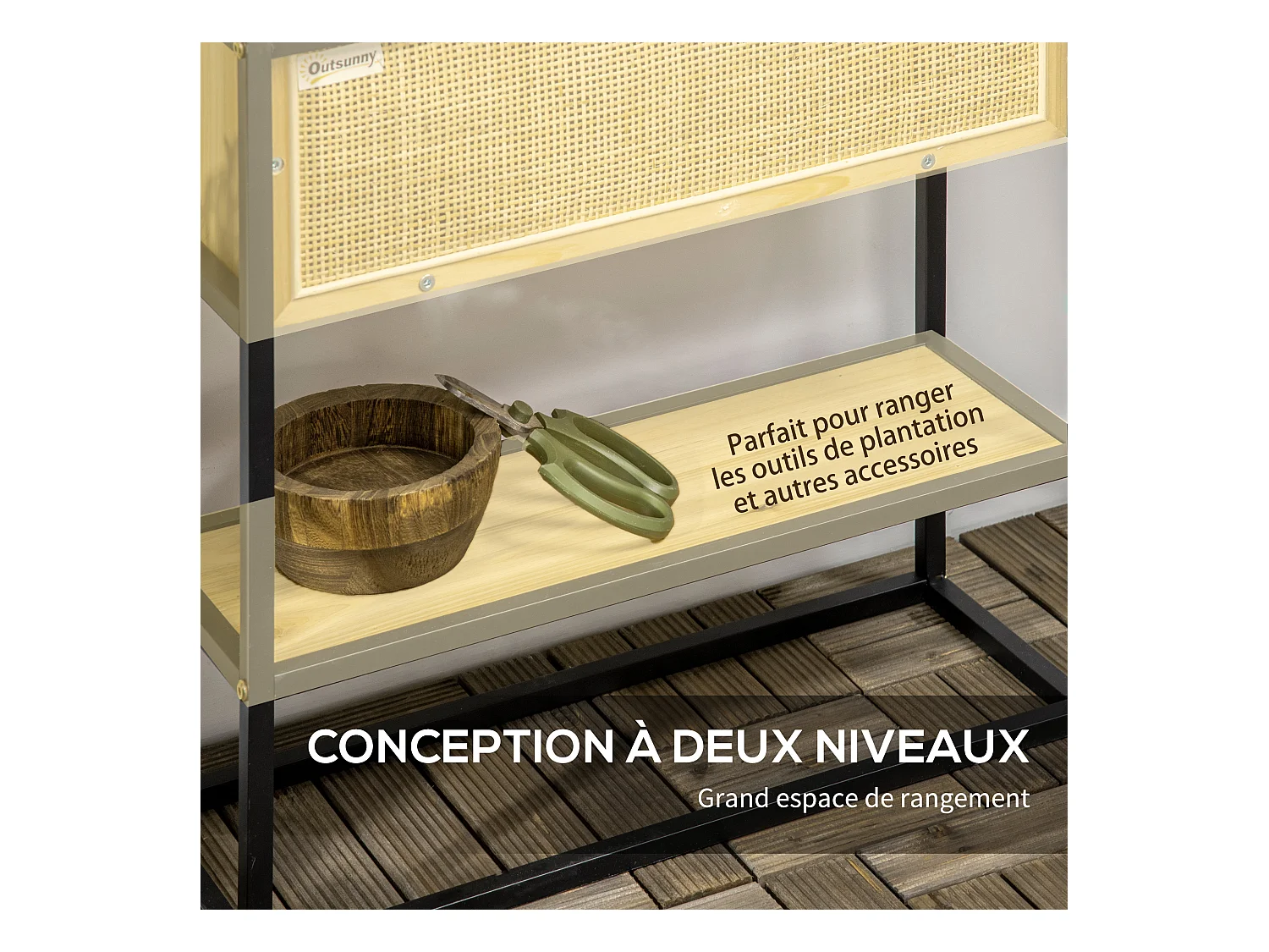 Jardinière sur pied style naturel - géotextile inclus, étagère intégrée - métal noir bois sapin verni bambou tressé