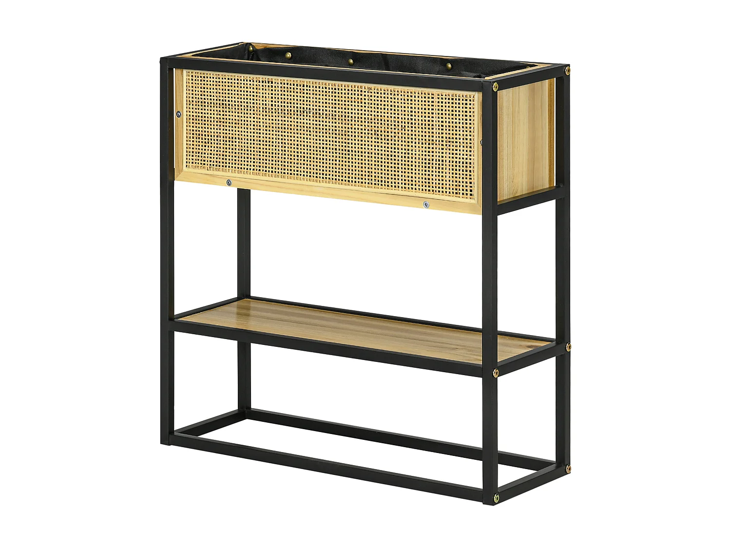 Jardinière sur pied style naturel - géotextile inclus, étagère intégrée - métal noir bois sapin verni bambou tressé