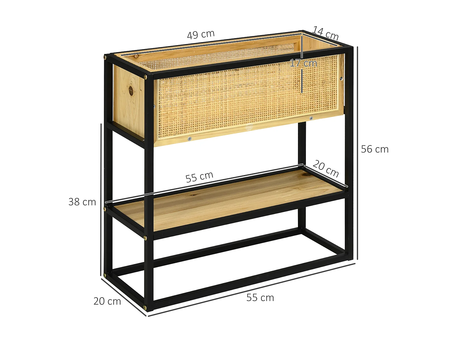 Jardinière sur pied style naturel - géotextile inclus, étagère intégrée - métal noir bois sapin verni bambou tressé