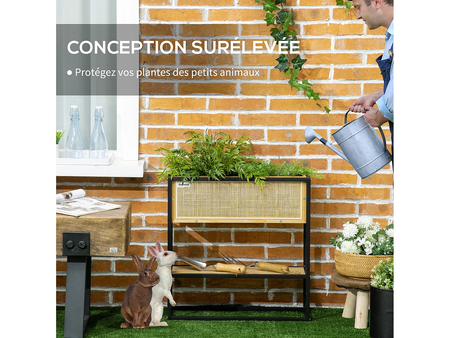 Jardinière sur pied style naturel - géotextile inclus, étagère intégrée - métal noir bois sapin verni bambou tressé