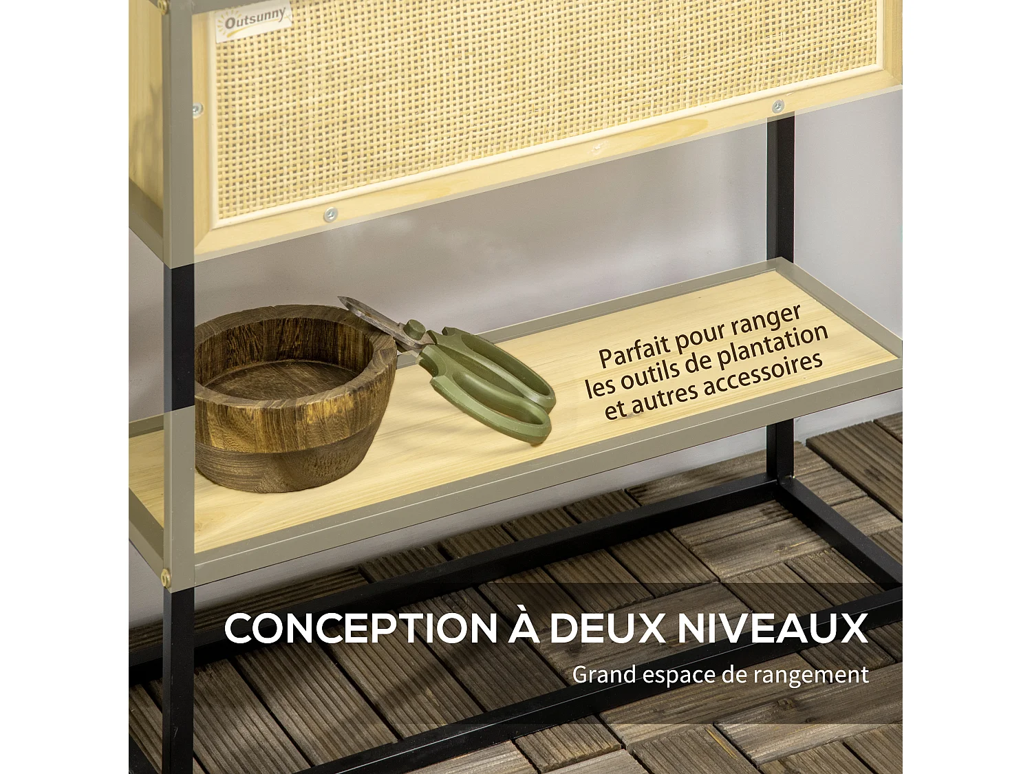 Jardinière sur pied style naturel - géotextile inclus, étagère intégrée - métal noir bois sapin verni bambou tressé