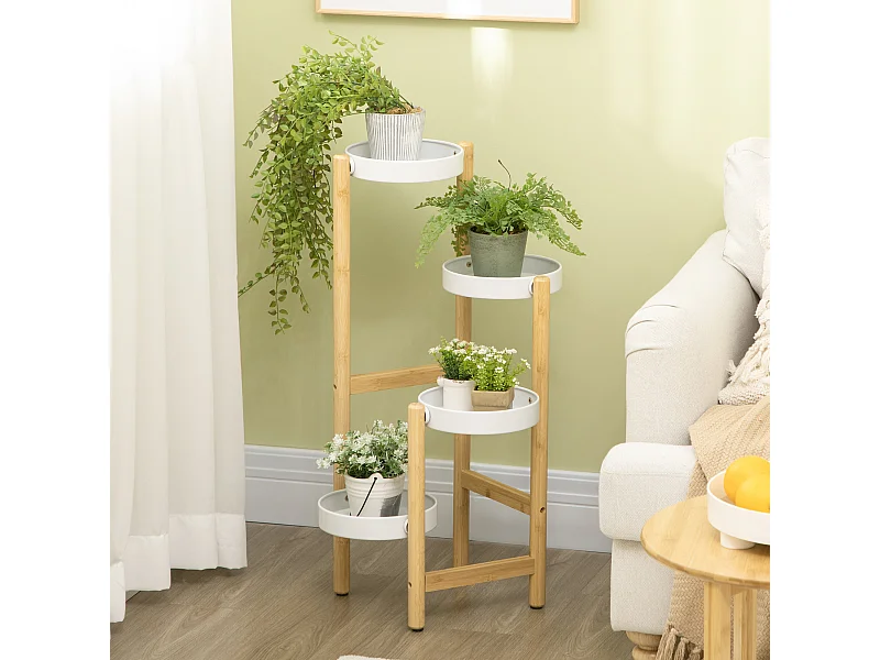 Support à fleurs style scandinave 4 niveaux - porte plante 4 étagères - bois bambou verni métal blanc