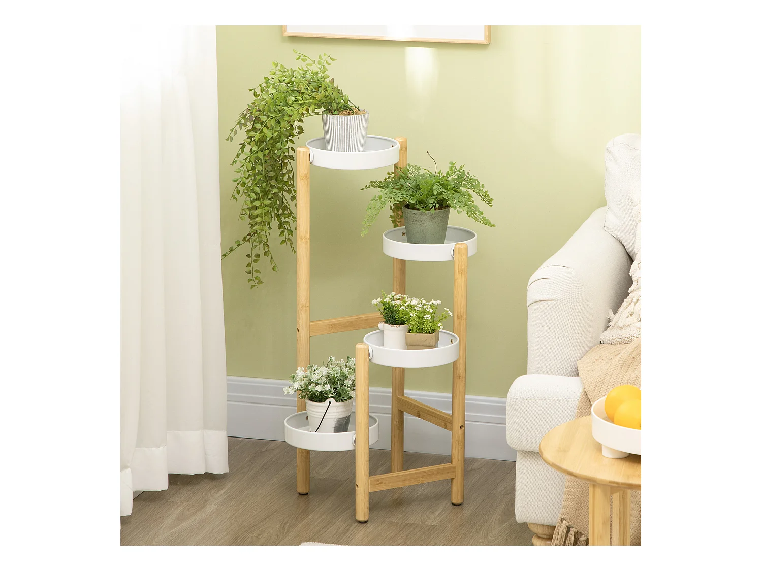 Support à fleurs style scandinave 4 niveaux - porte plante 4 étagères - bois bambou verni métal blanc
