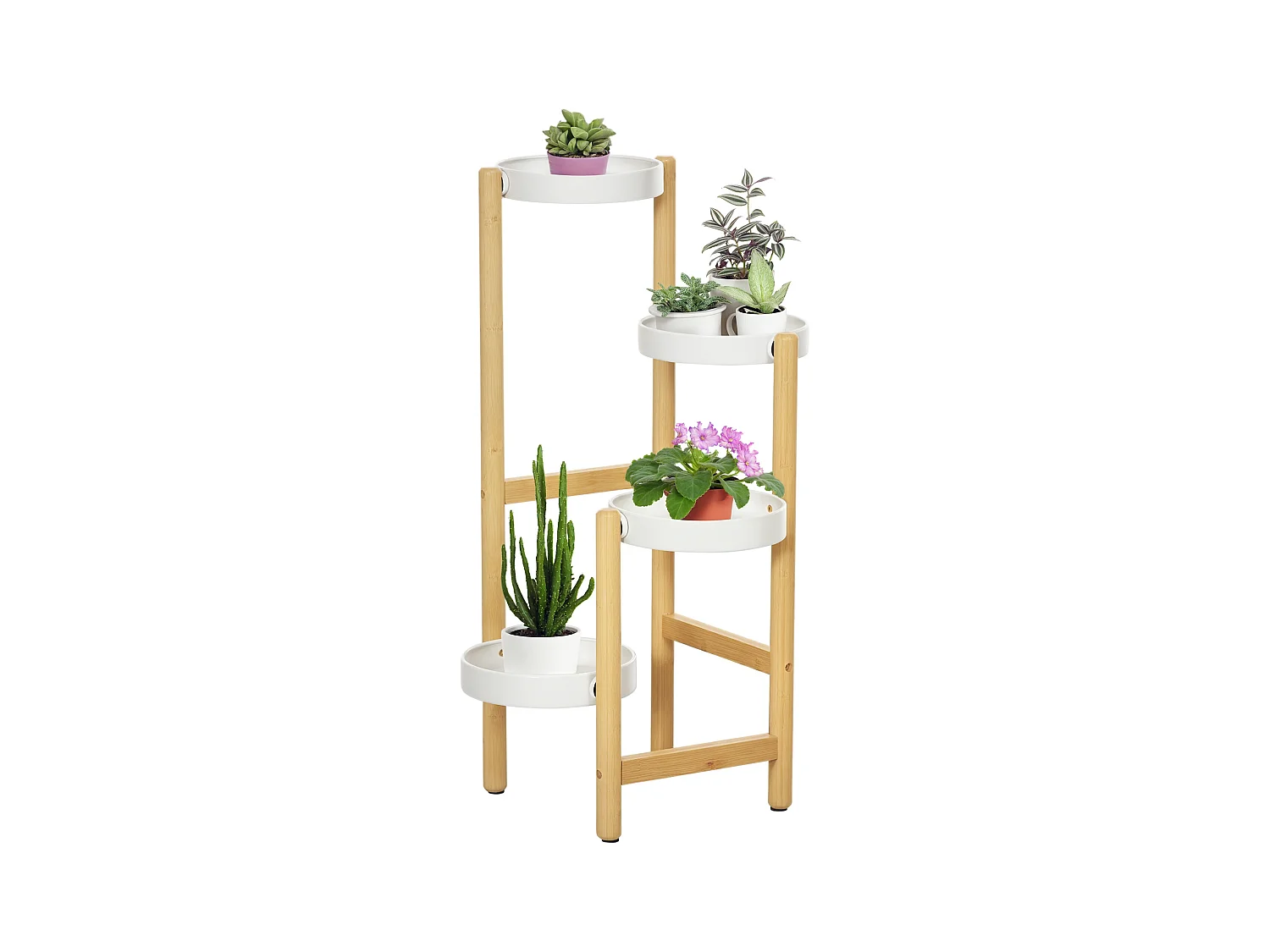 Support à fleurs style scandinave 4 niveaux - porte plante 4 étagères - bois bambou verni métal blanc