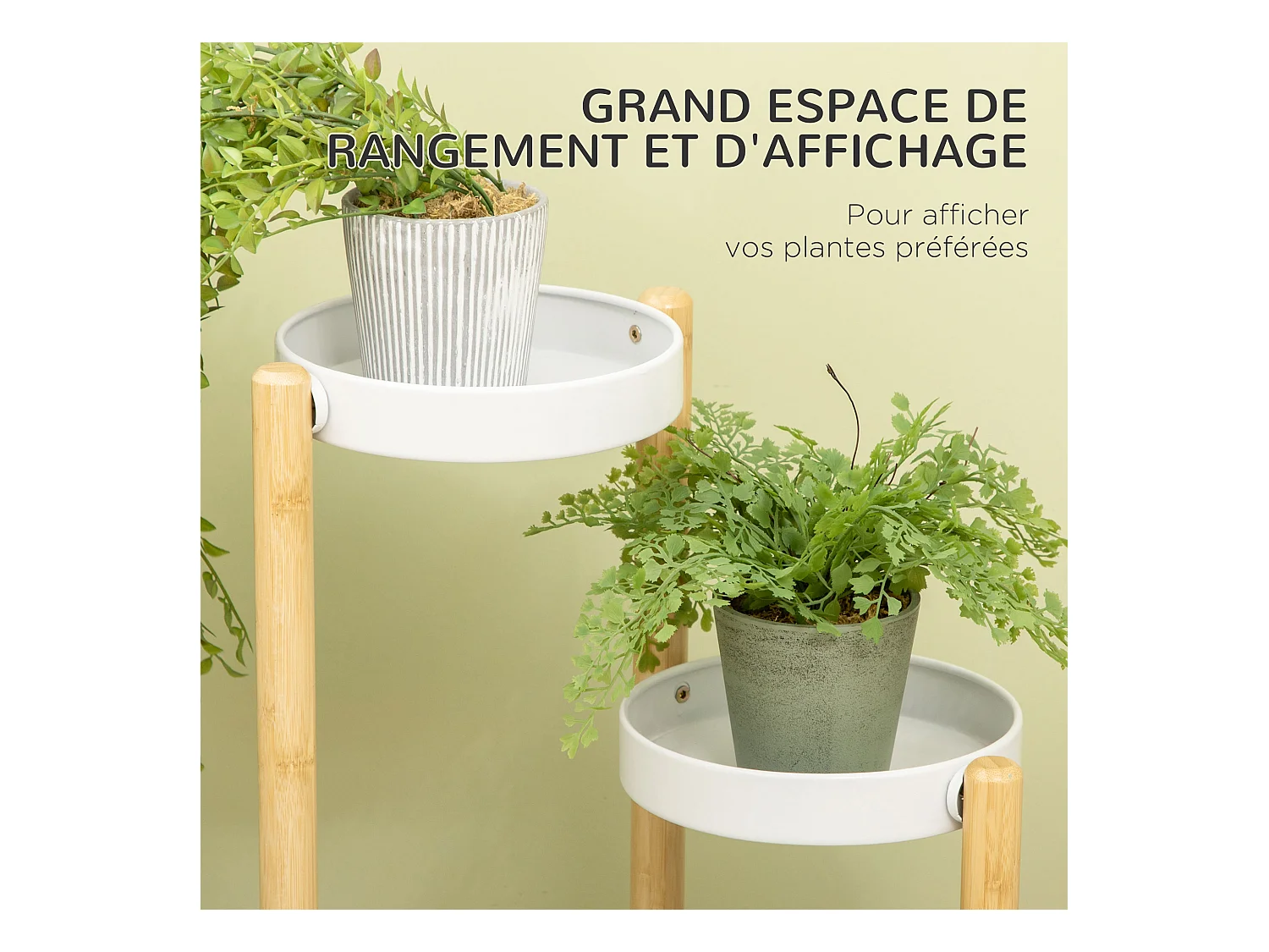 Support à fleurs style scandinave 4 niveaux - porte plante 4 étagères - bois bambou verni métal blanc