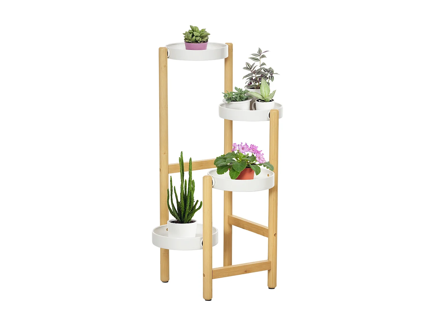 Support à fleurs style scandinave 4 niveaux - porte plante 4 étagères - bois bambou verni métal blanc