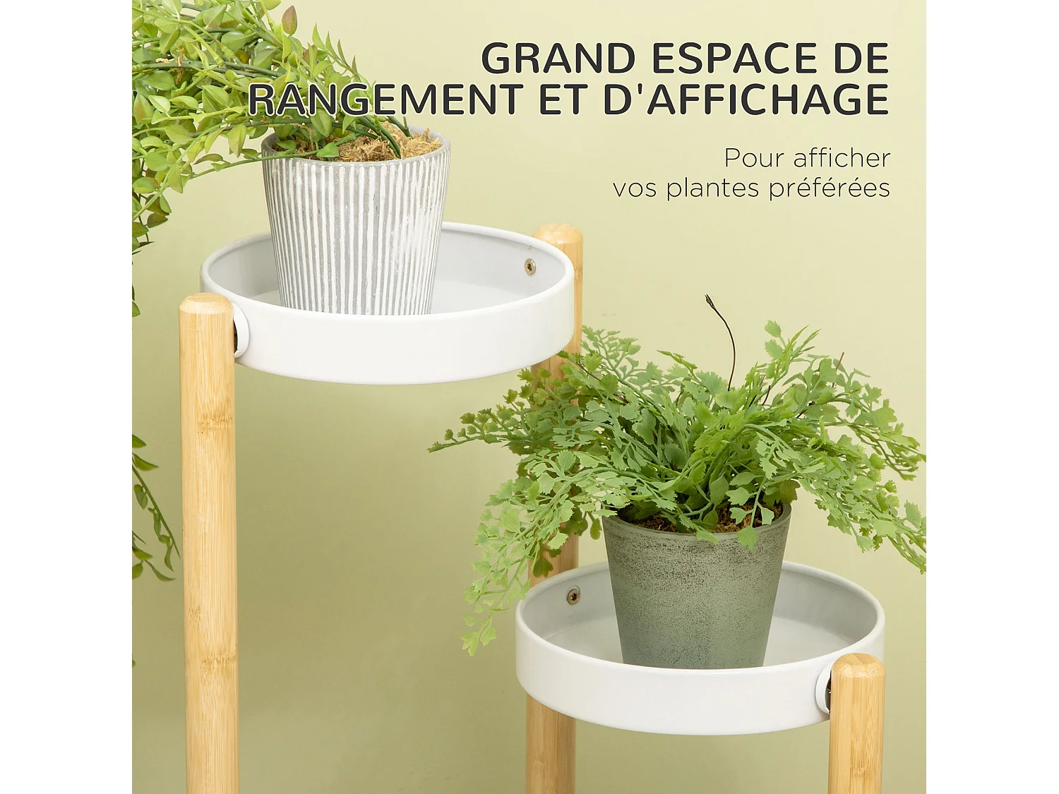 Support à fleurs style scandinave 4 niveaux - porte plante 4 étagères - bois bambou verni métal blanc