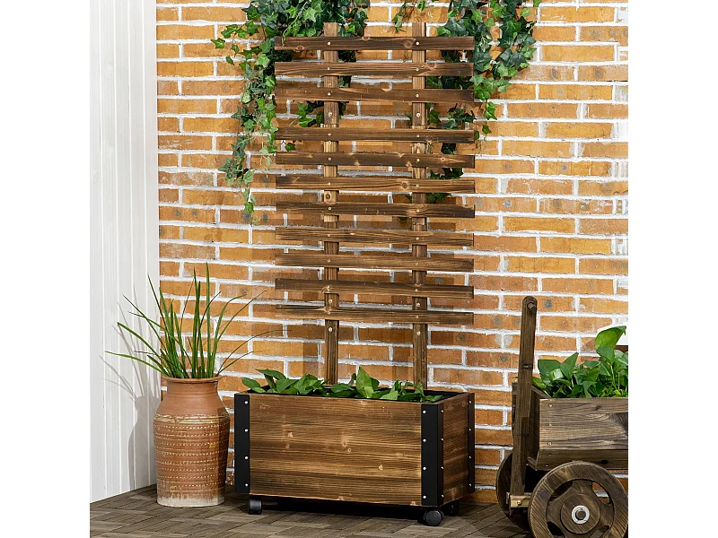 Jardinière avec treillis sur roulettes - inserts d'irrigation, géotextile inclus - métal bois sapin traité carbonisation