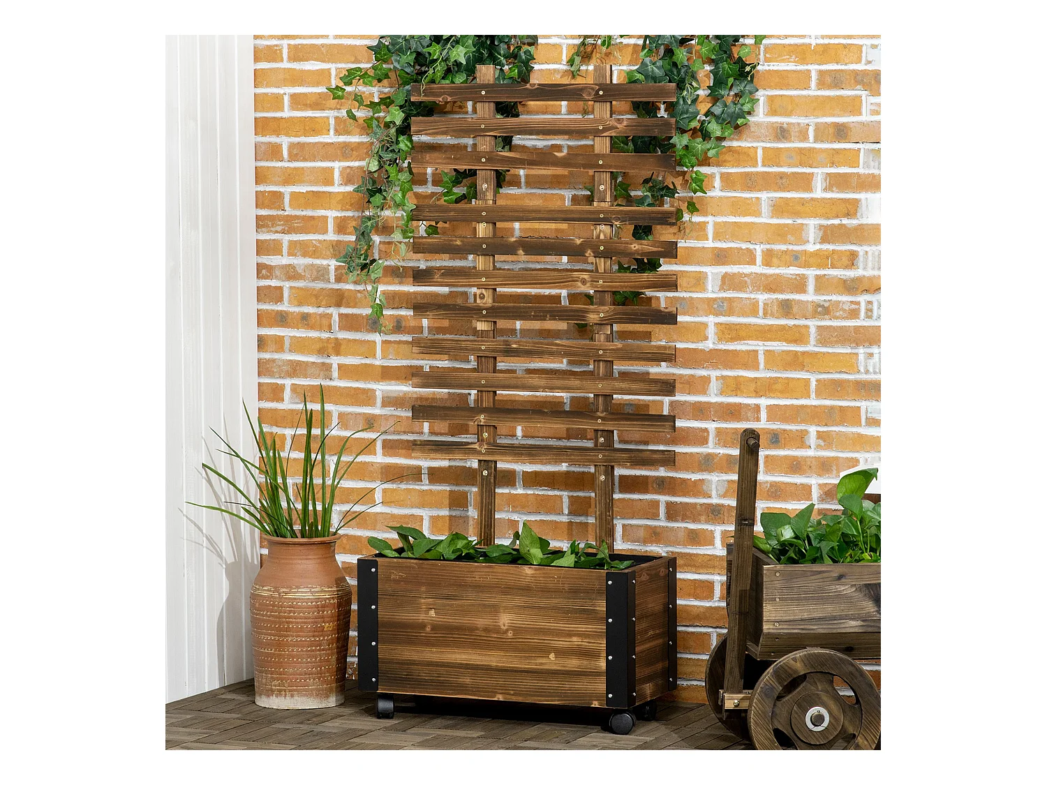 Jardinière avec treillis sur roulettes - inserts d'irrigation, géotextile inclus - métal bois sapin traité carbonisation