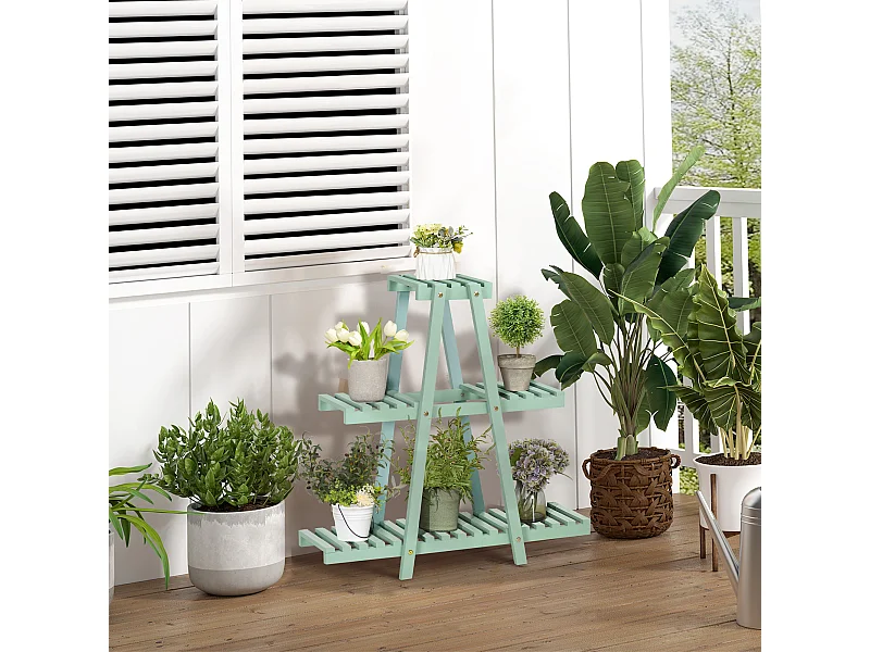 Étagère à fleurs pyramidale en bois - porte plante bois 3 étagères - dim. 76L x 26l x 76H cm - sapin vert d'eau