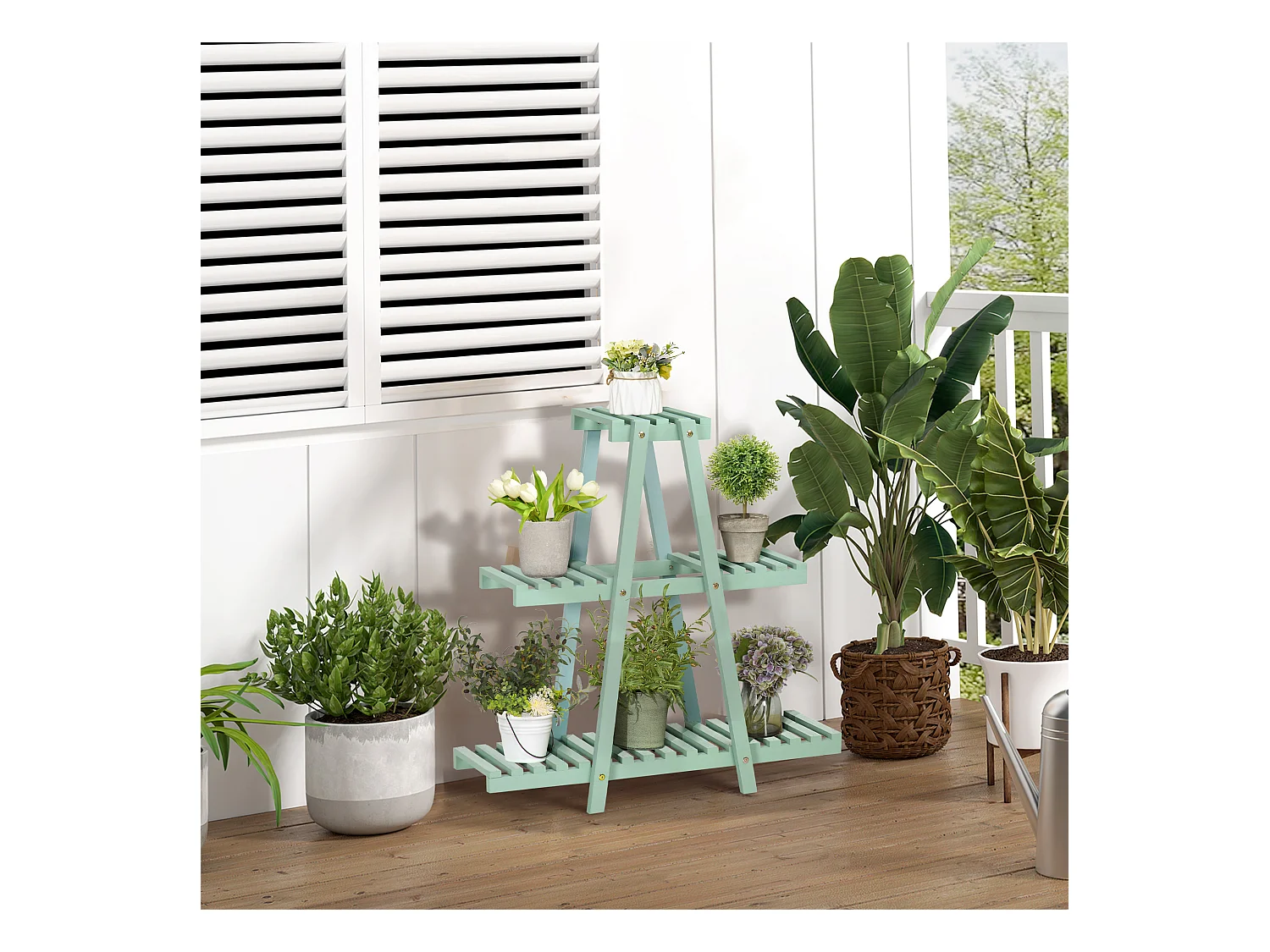 Étagère à fleurs pyramidale en bois - porte plante bois 3 étagères - dim. 76L x 26l x 76H cm - sapin vert d'eau