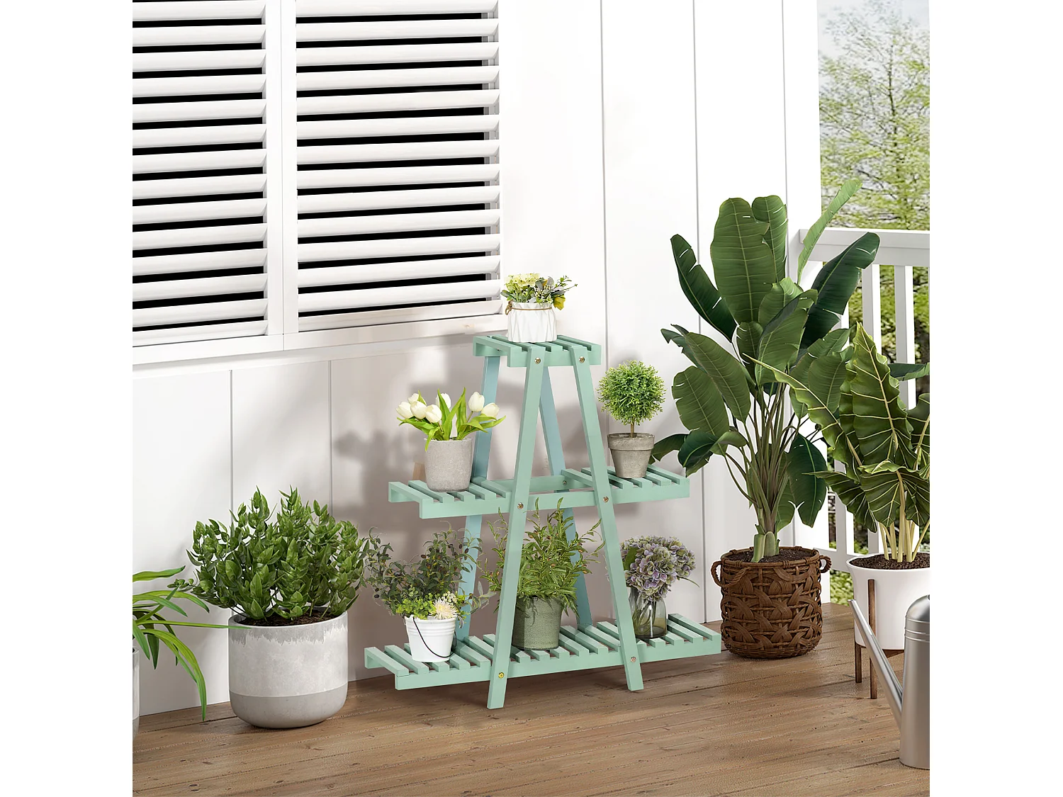 Étagère à fleurs pyramidale en bois - porte plante bois 3 étagères - dim. 76L x 26l x 76H cm - sapin vert d'eau