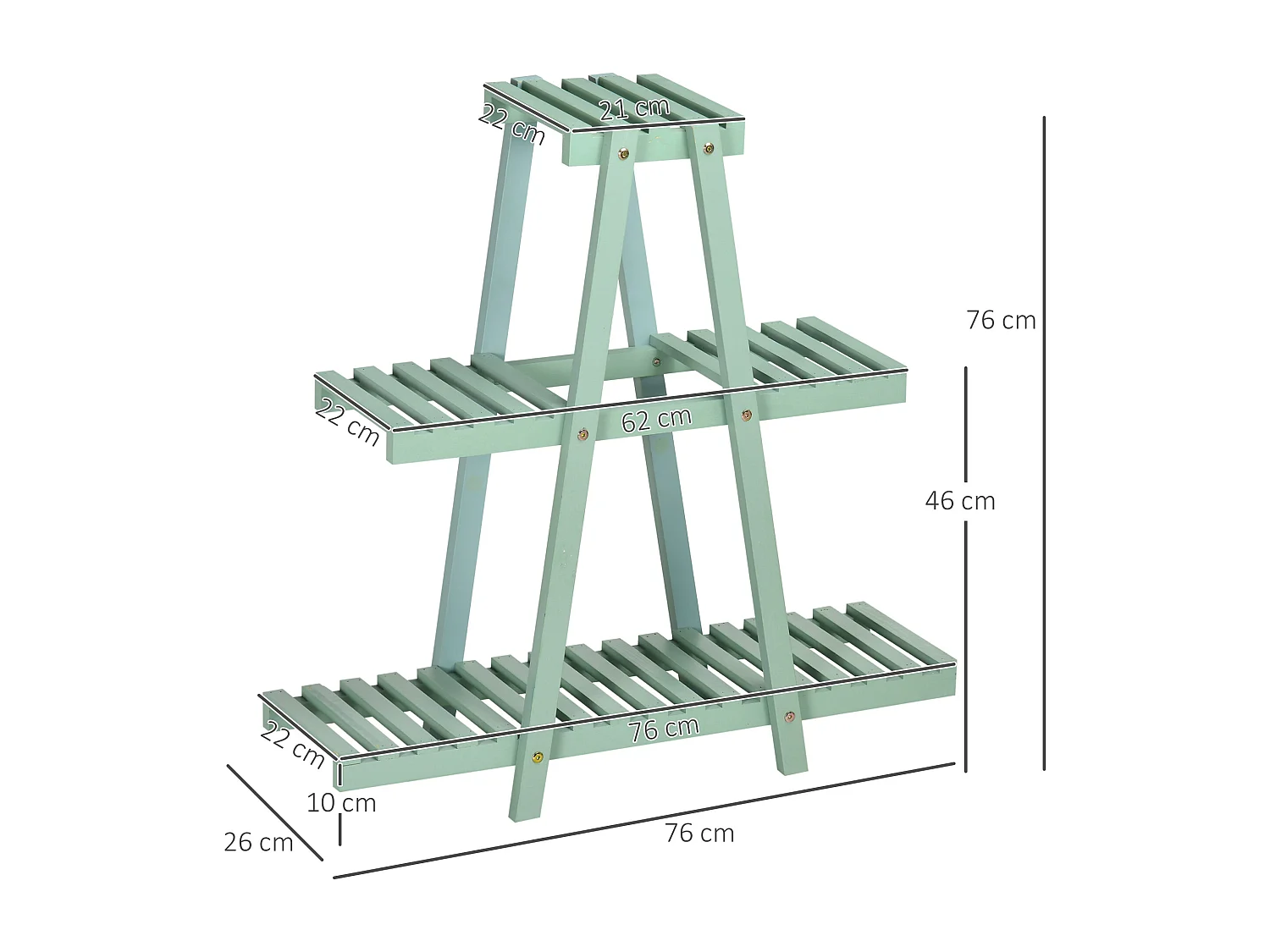 Étagère à fleurs pyramidale en bois - porte plante bois 3 étagères - dim. 76L x 26l x 76H cm - sapin vert d'eau
