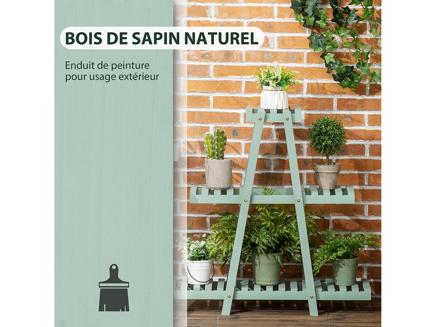 Étagère à fleurs pyramidale en bois - porte plante bois 3 étagères - dim. 76L x 26l x 76H cm - sapin vert d'eau
