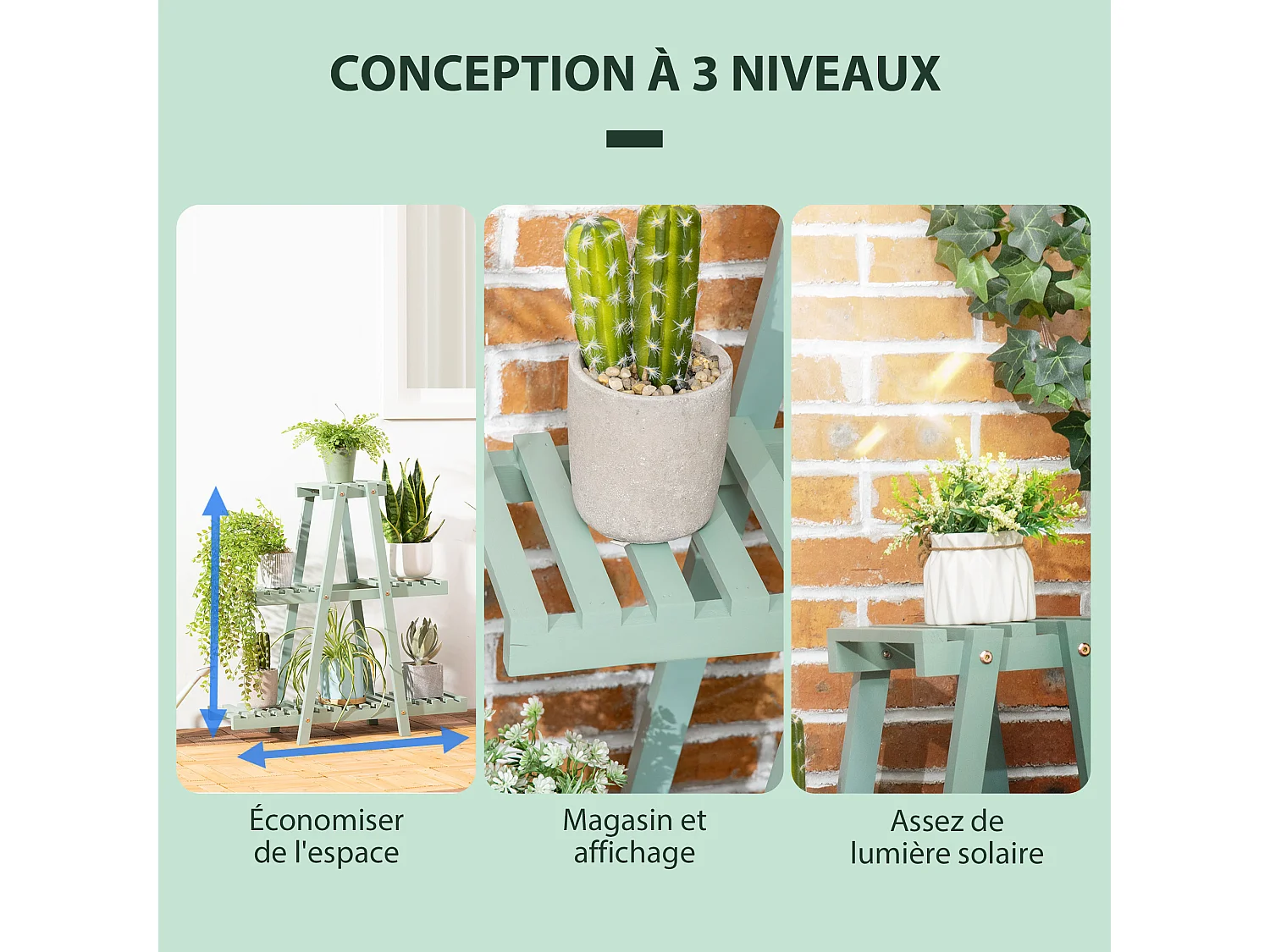 Étagère à fleurs pyramidale en bois - porte plante bois 3 étagères - dim. 76L x 26l x 76H cm - sapin vert d'eau