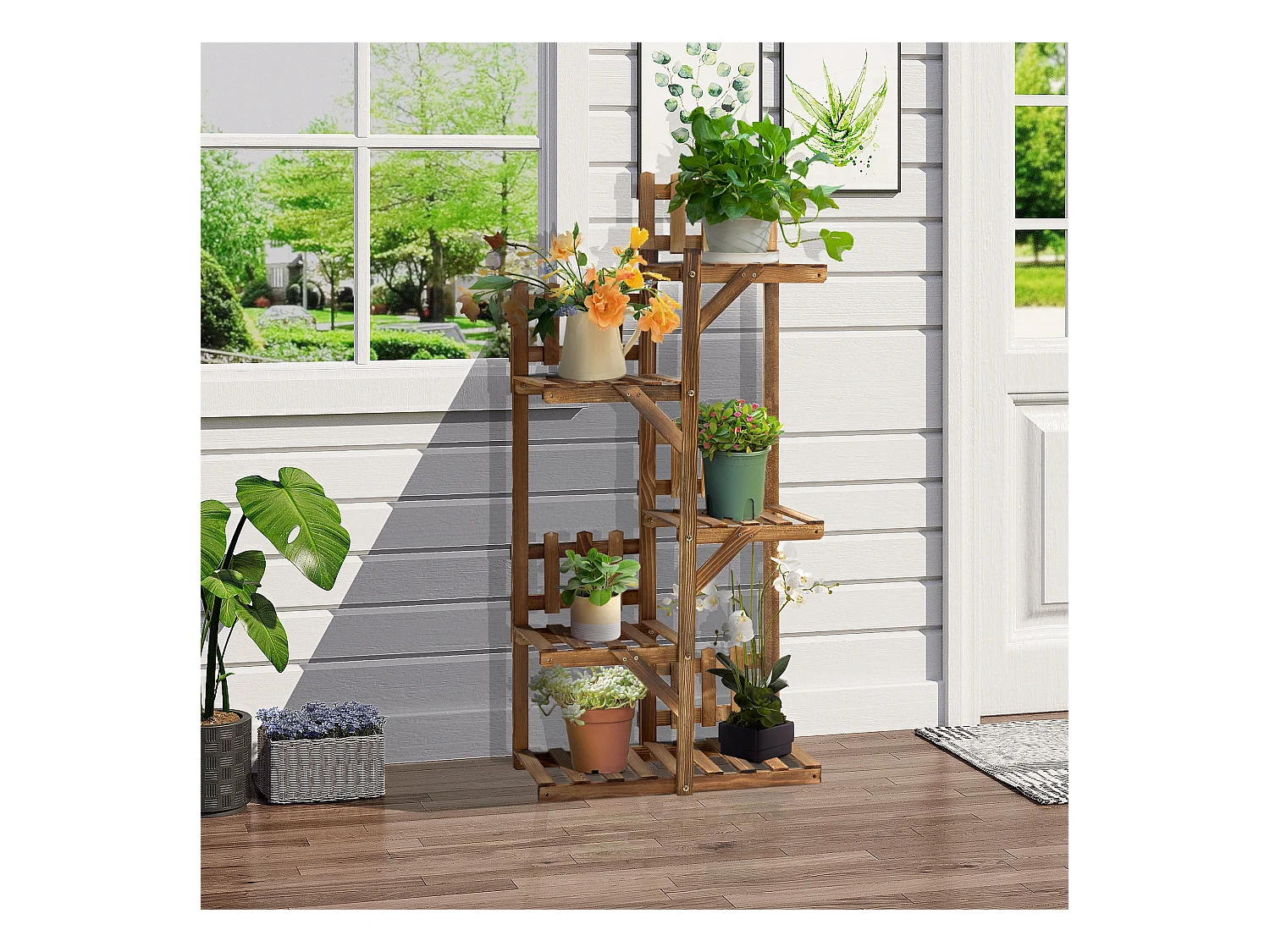 Étagère à fleurs en bois - porte plante bois 6 tablettes - dim. 98L x 28l x 96,5H cm - bois de sapin traité carbonisation