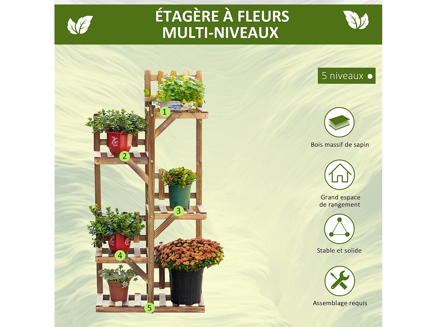 Étagère à fleurs en bois - porte plante bois 6 tablettes - dim. 98L x 28l x 96,5H cm - bois de sapin traité carbonisation